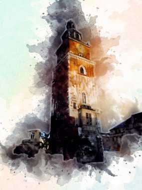 Eski şehir Krakow sanat illüstrasyonları antika