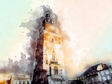 Eski şehir Krakow sanat illüstrasyonları antika