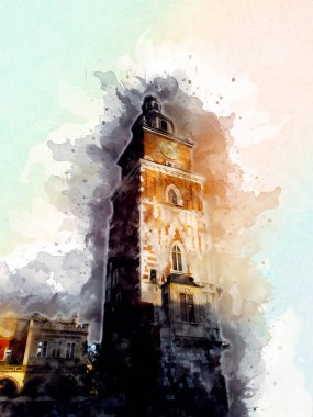 Eski şehir Krakow sanat illüstrasyonları antika