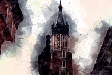 Eski şehir Krakow sanat illüstrasyonları antika