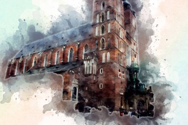 Eski şehir Krakow sanat illüstrasyonları antika