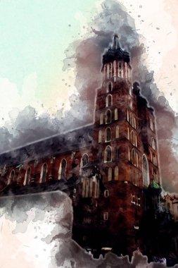 Eski şehir Krakow sanat illüstrasyonları antika