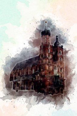 Eski şehir Krakow sanat illüstrasyonları antika