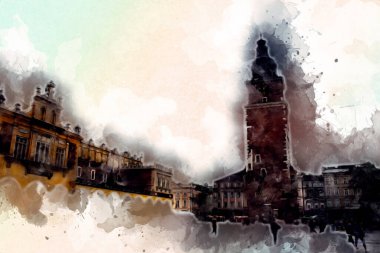 Eski şehir Krakow sanat illüstrasyonları antika