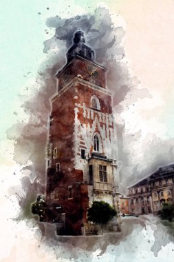 Eski şehir Krakow sanat illüstrasyonları antika