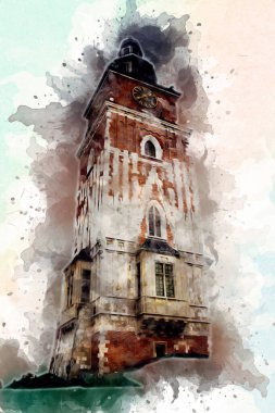 Eski şehir Krakow sanat illüstrasyonları antika