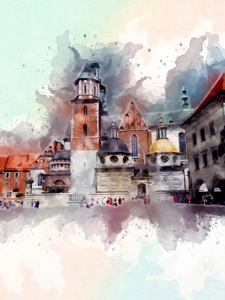 Vecchia Città Krakow Arte Illustrazione Retrò Vintage — Foto Stock