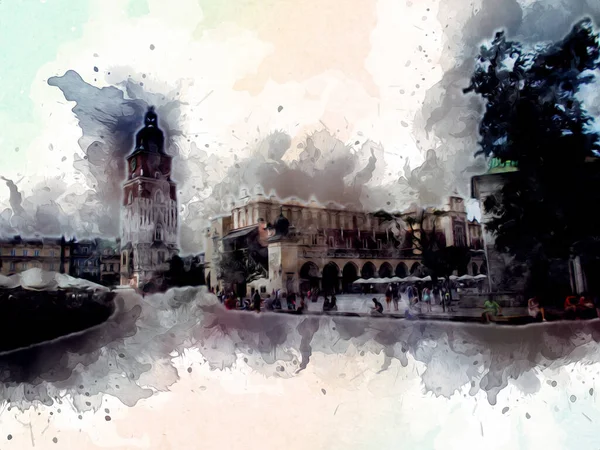 Eski şehir Krakow sanat illüstrasyonları antika