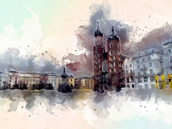 Régi Város Krakow Művészet Illusztráció Retro Szüret — Stock Fotó