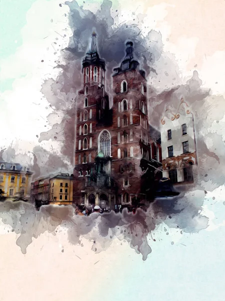 Eski şehir Krakow sanat illüstrasyonları antika