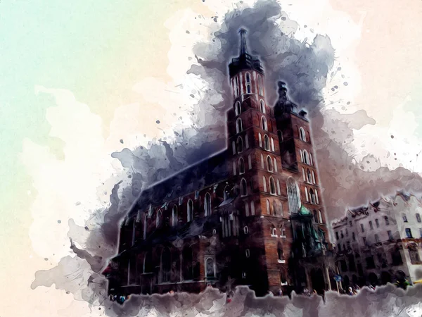 Eski şehir Krakow sanat illüstrasyonları antika