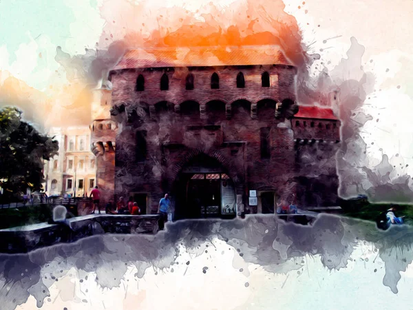 Eski şehir Krakow sanat illüstrasyonları antika