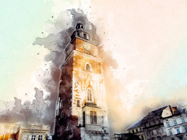 Eski şehir Krakow sanat illüstrasyonları antika