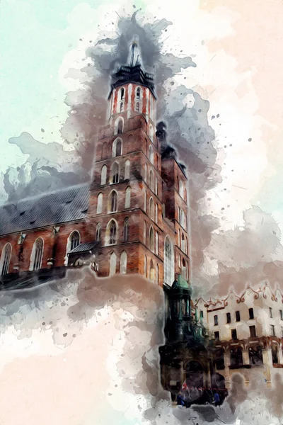 Eski şehir Krakow sanat illüstrasyonları antika