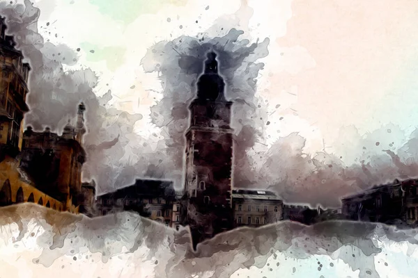 Eski şehir Krakow sanat illüstrasyonları antika