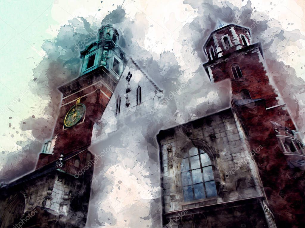 Old city Krakow art illustration retro vintage