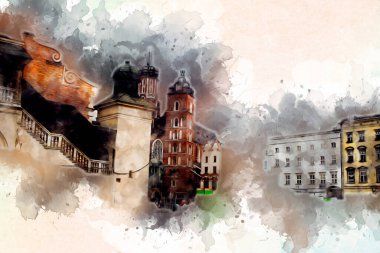 Eski şehir Krakow sanat illüstrasyonları antika