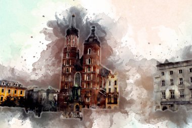 Eski şehir Krakow sanat illüstrasyonları antika