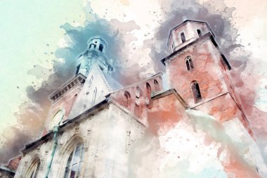 Eski şehir Krakow sanat illüstrasyonları antika