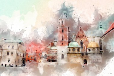 Eski şehir Krakow sanat illüstrasyonları antika