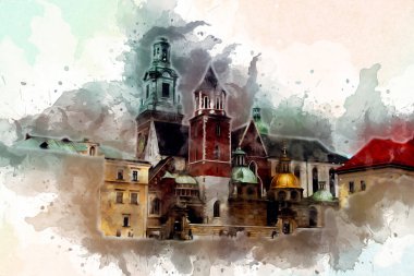 Eski şehir Krakow sanat illüstrasyonları antika