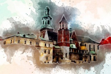 Eski şehir Krakow sanat illüstrasyonları antika