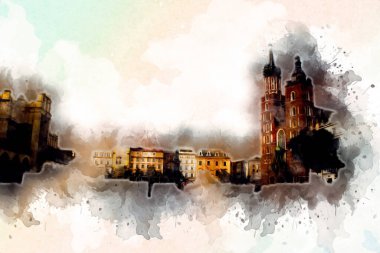 Eski şehir Krakow sanat illüstrasyonları antika