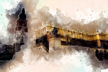 Eski şehir Krakow sanat illüstrasyonları antika