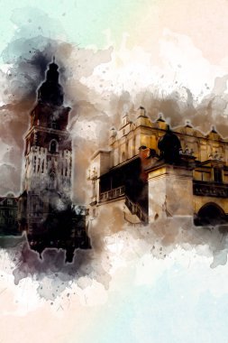 Eski şehir Krakow sanat illüstrasyonları antika