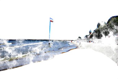 Beyaz kumlu güzel bir sahil, yaz tatili sanat çizimleri için doğal arka plan.