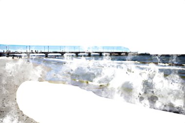 Beyaz kumlu güzel bir sahil, yaz tatili sanat çizimleri için doğal arka plan.