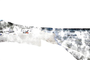 Beyaz kumlu güzel bir sahil, yaz tatili sanat çizimleri için doğal arka plan.