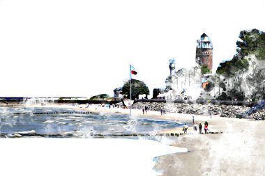 Beyaz kumlu güzel bir sahil, yaz tatili sanat çizimleri için doğal arka plan.