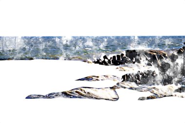 Beyaz kumlu güzel bir sahil, yaz tatili sanat çizimleri için doğal arka plan.