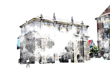 Polonya 'daki Gdansk şehrinin mimarisinin güzel bir görüntüsünün suluboya çizimi veya çizimi