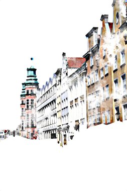 Polonya 'daki Gdansk şehrinin mimarisinin güzel bir görüntüsünün suluboya çizimi veya çizimi