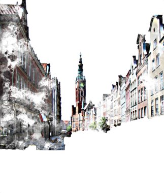 Polonya 'daki Gdansk şehrinin mimarisinin güzel bir görüntüsünün suluboya çizimi veya çizimi