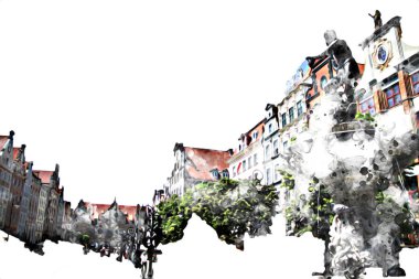 Polonya 'daki Gdansk şehrinin mimarisinin güzel bir görüntüsünün suluboya çizimi veya çizimi