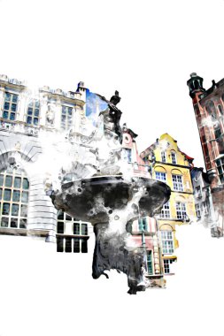 Polonya 'daki Gdansk şehrinin mimarisinin güzel bir görüntüsünün suluboya çizimi veya çizimi