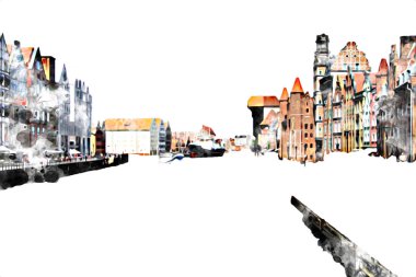 Polonya 'daki Gdansk şehrinin mimarisinin güzel bir görüntüsünün suluboya çizimi veya çizimi
