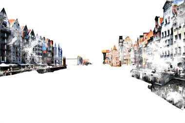 Polonya 'daki Gdansk şehrinin mimarisinin güzel bir görüntüsünün suluboya çizimi veya çizimi