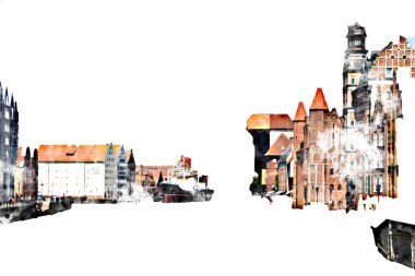 Polonya 'daki Gdansk şehrinin mimarisinin güzel bir görüntüsünün suluboya çizimi veya çizimi