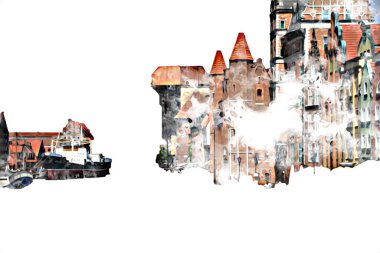 Polonya 'daki Gdansk şehrinin mimarisinin güzel bir görüntüsünün suluboya çizimi veya çizimi