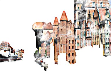 Polonya 'daki Gdansk şehrinin mimarisinin güzel bir görüntüsünün suluboya çizimi veya çizimi