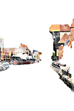 Polonya 'daki Gdansk şehrinin mimarisinin güzel bir görüntüsünün suluboya çizimi veya çizimi