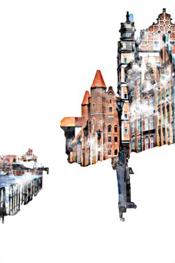 Polonya 'daki Gdansk şehrinin mimarisinin güzel bir görüntüsünün suluboya çizimi veya çizimi