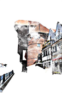 Polonya 'daki Gdansk şehrinin mimarisinin güzel bir görüntüsünün suluboya çizimi veya çizimi