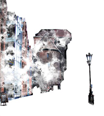 Polonya 'daki Gdansk şehrinin mimarisinin güzel bir görüntüsünün suluboya çizimi veya çizimi