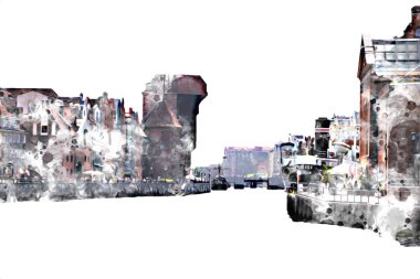 Polonya 'daki Gdansk şehrinin mimarisinin güzel bir görüntüsünün suluboya çizimi veya çizimi