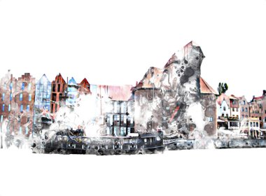 Polonya 'daki Gdansk şehrinin mimarisinin güzel bir görüntüsünün suluboya çizimi veya çizimi